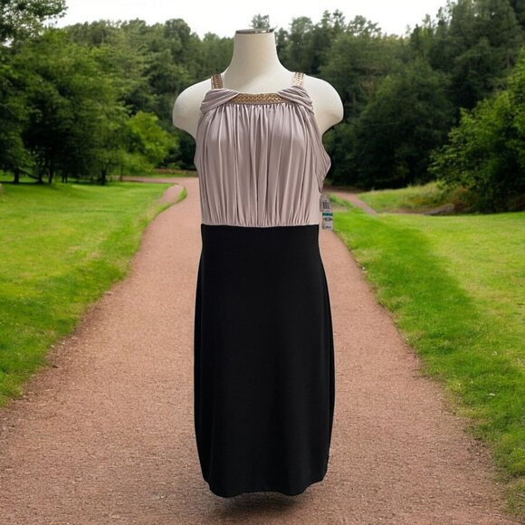 Thalia Sodi Bogota Dress Size 16 Taupe Combo Beaded Halter Colorblock Midi NWT - Picture 1 of 14